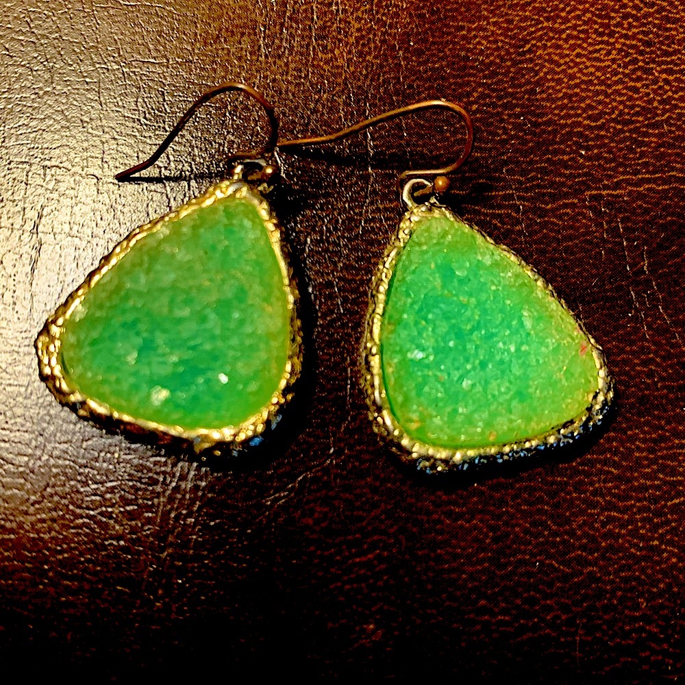 Green Druzy Earrings with Gold Trim